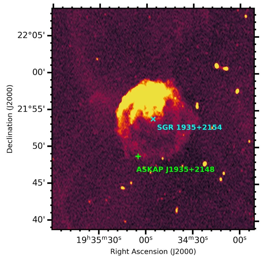 This image took six hours to acquire and shows the new object near the magnetar SGR?1935+2154.  Six hours of observations revealed the object's emissions for a long time.  Image credit: Caleb, M., Lenc, E., Kaplan, DL et al.  A transient radio that changes broadcast state with a 54-minute period.  Nat Astron (2024).  CC 4.0